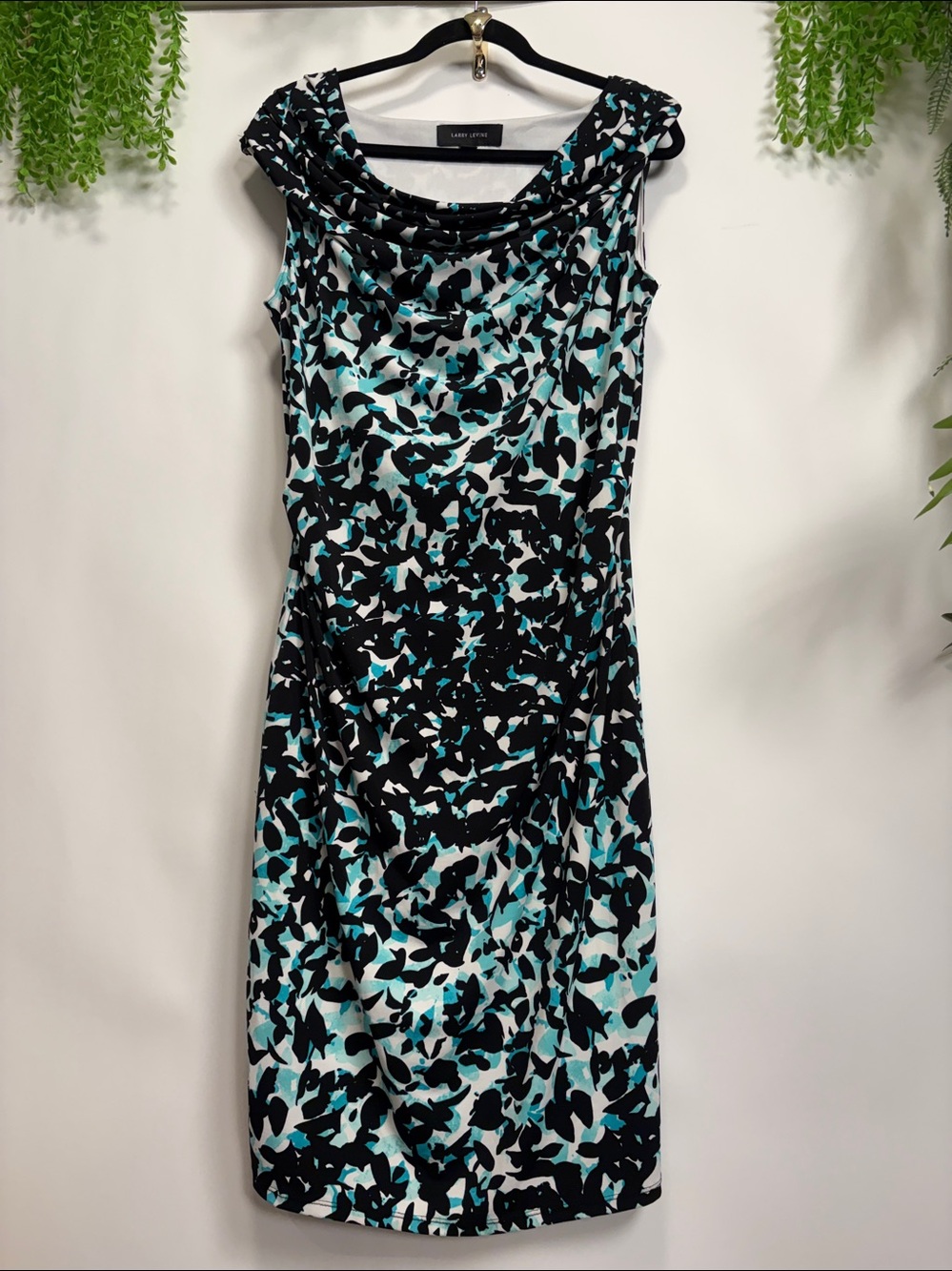 Larry Levine Blue Green Sheath Dress Cowl Neck